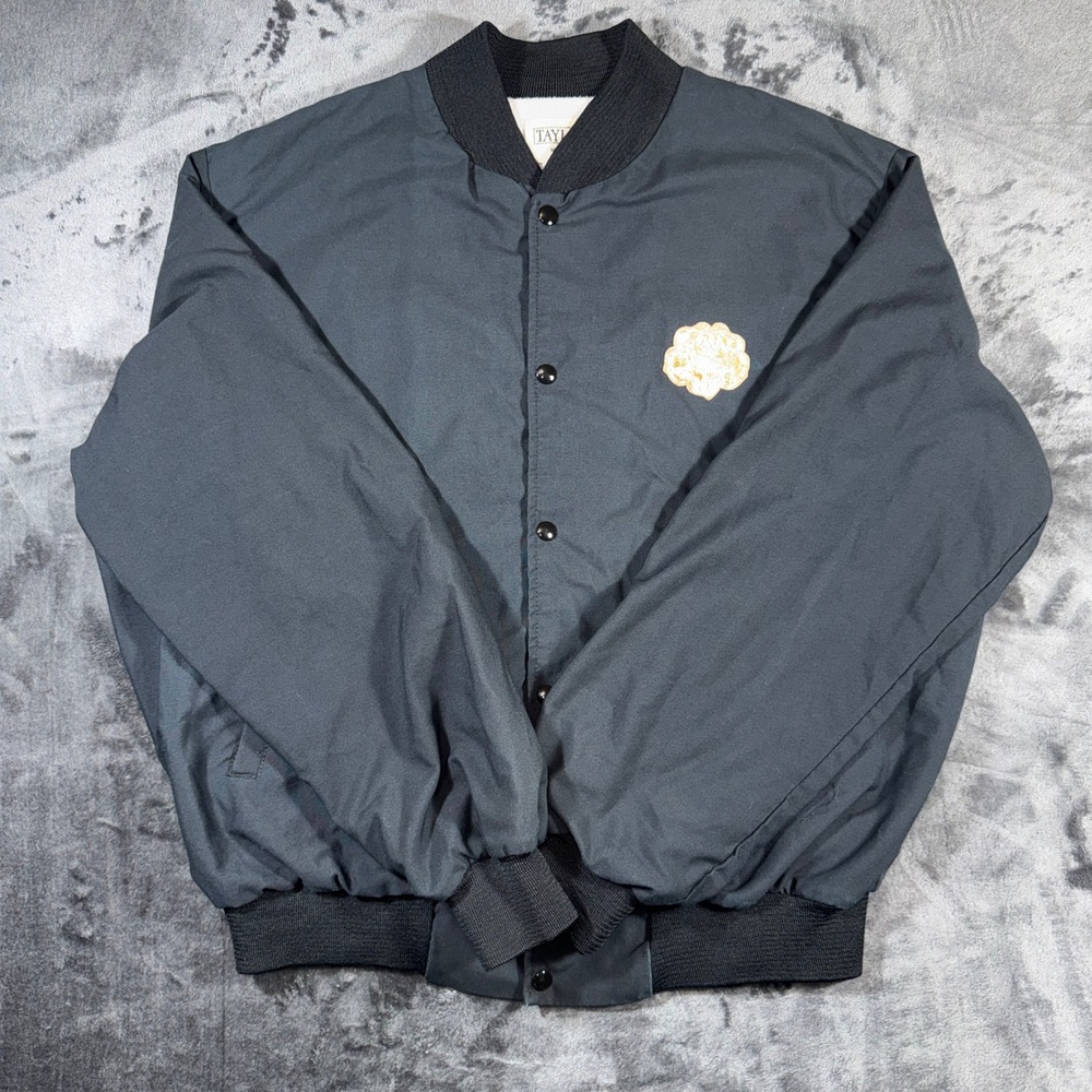 Vintage Taylor Bomber Jacket Mens XL Black Snap Front Varsity Windbreaker USA